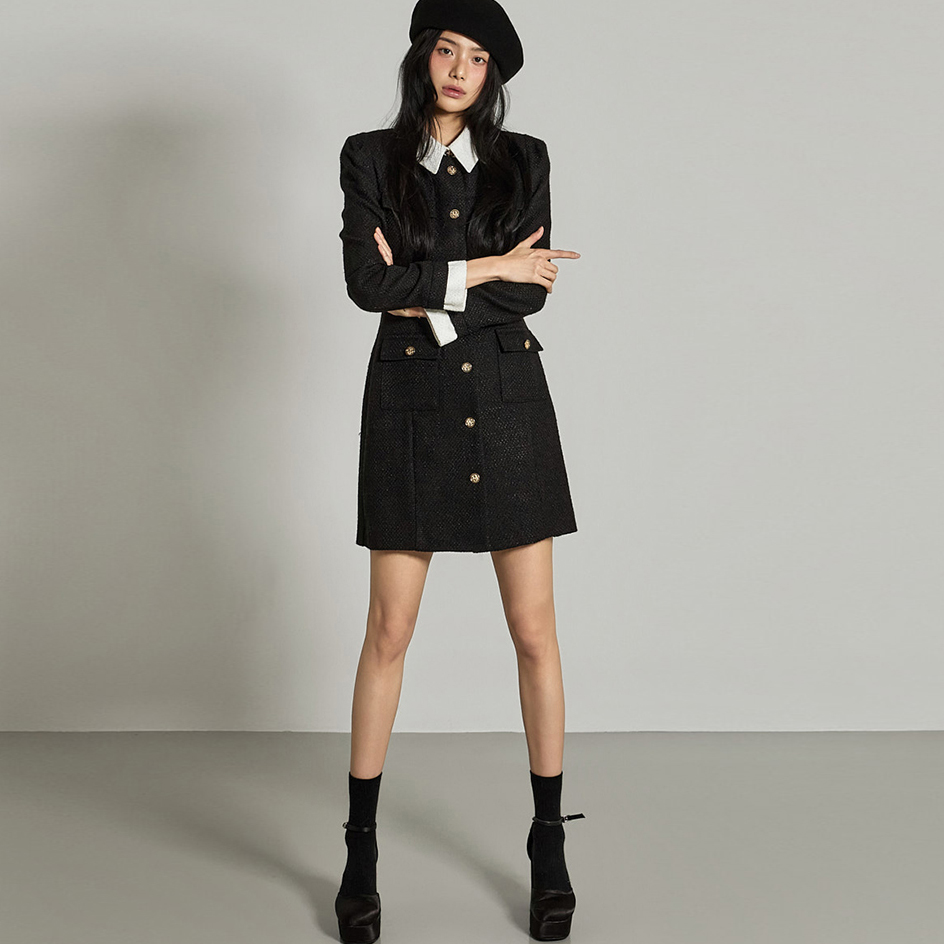 D5395 花呢 拼色 领 連衣裙