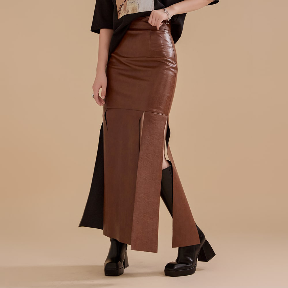 SK9185 皮革高腰开衩长裙