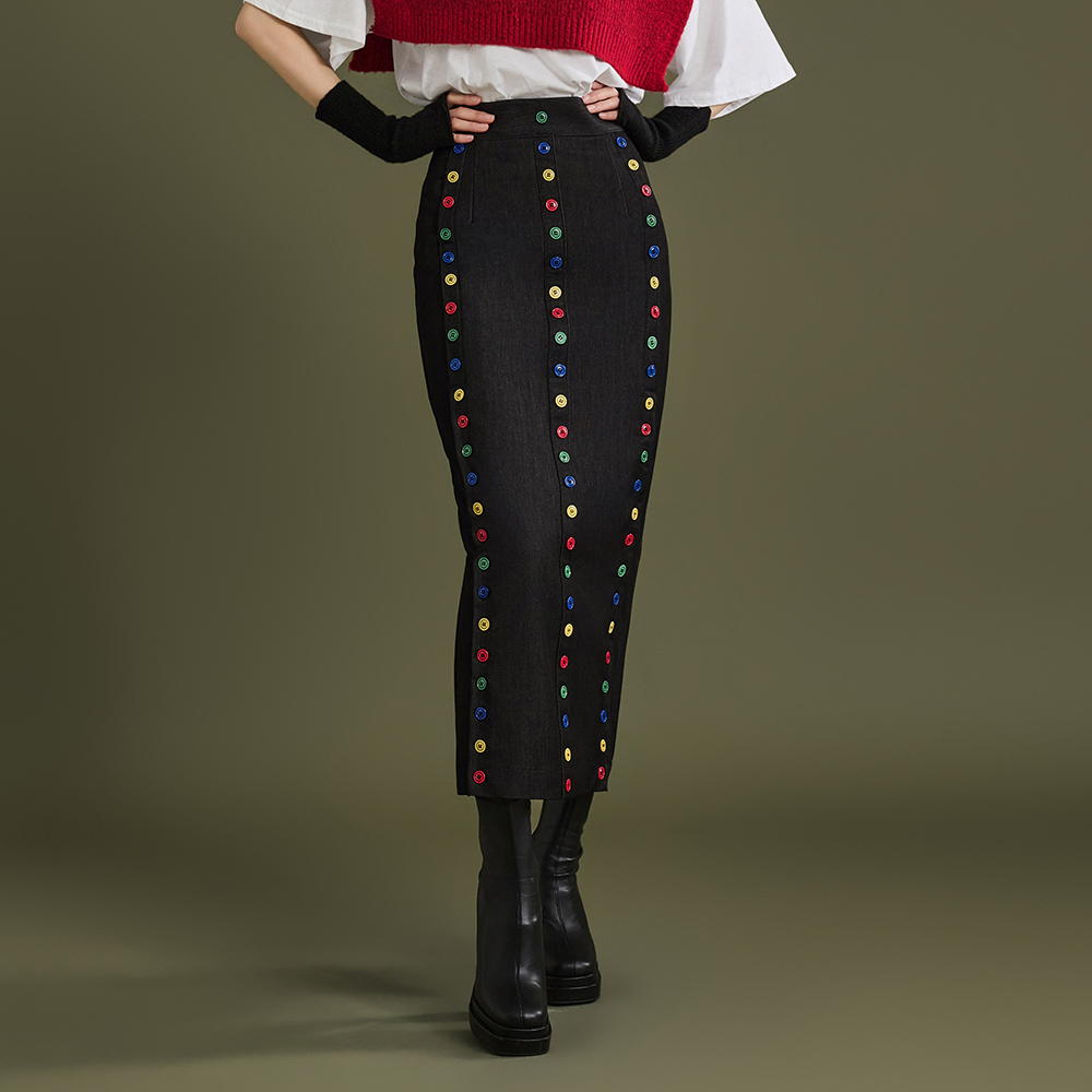 SK9227 彩色纽扣高腰长裙