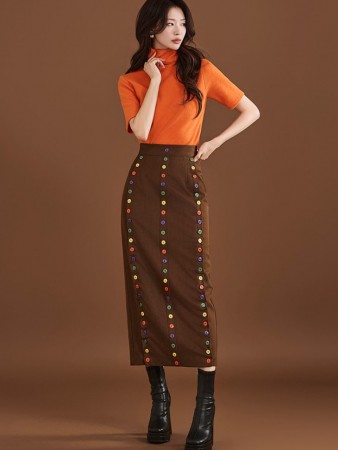 SK9227 彩色纽扣高腰长裙 Korea