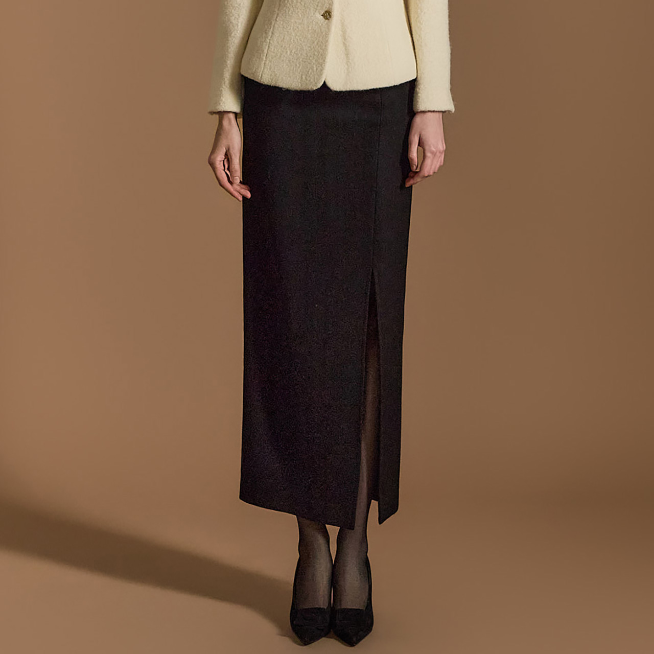 SK9115 高腰开衩羊毛裙