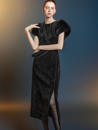 D9572 皮草拼色連衣裙 Korea