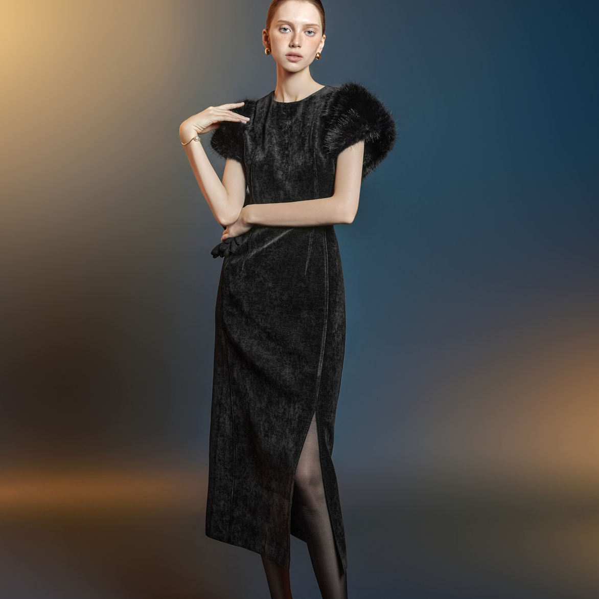 D9572 皮草拼色連衣裙