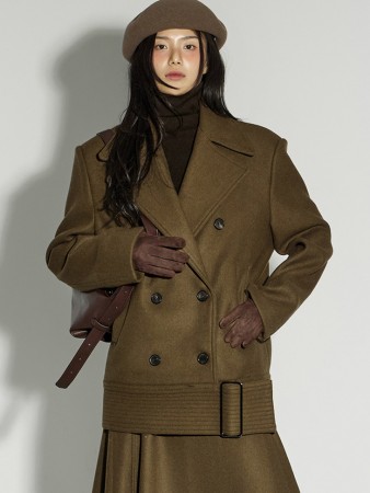 J9360 双扣 羊毛 腰帶 短 大衣 Korea