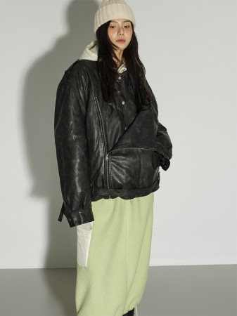 J3017 絎縫 皮革 毛衣外套 Korea