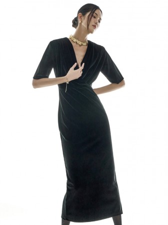 D5422 悬垂领 天鵝絨 連衣裙 Korea