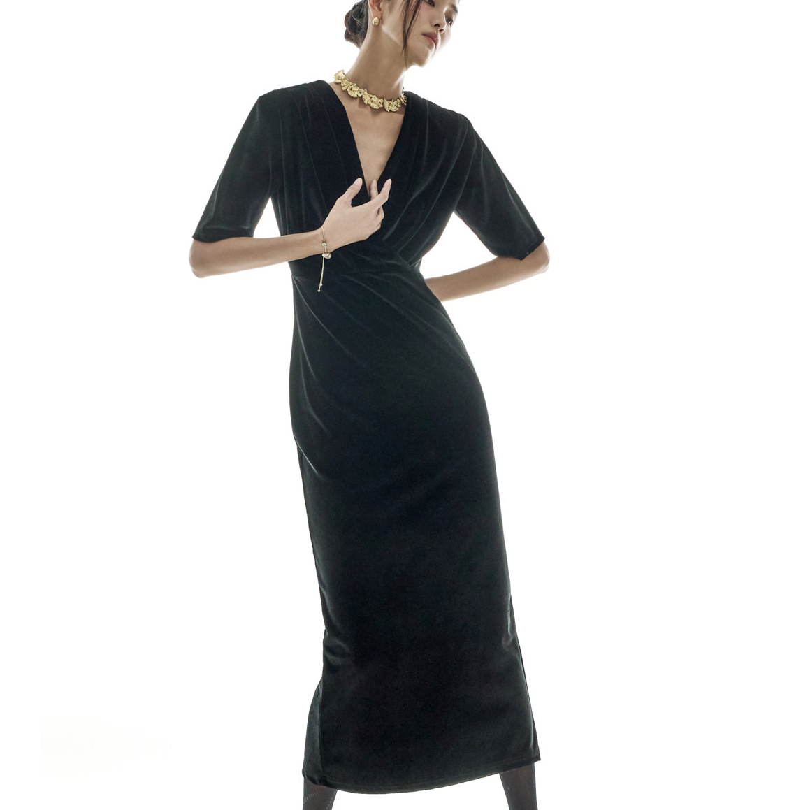 D5422 悬垂领 天鵝絨 連衣裙