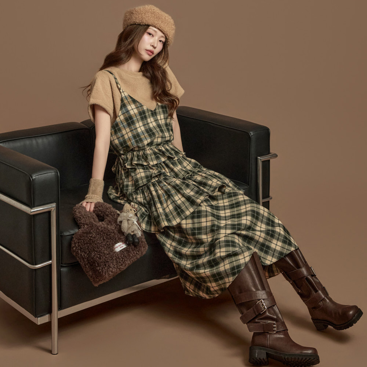 D5415 绑带 组合 格子 連衣裙