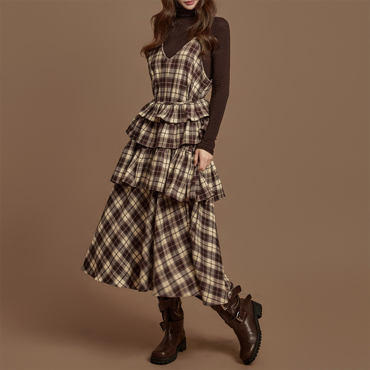 D5415 绑带 组合 格子 連衣裙