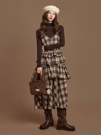 D5415 绑带 组合 格子 連衣裙 Korea