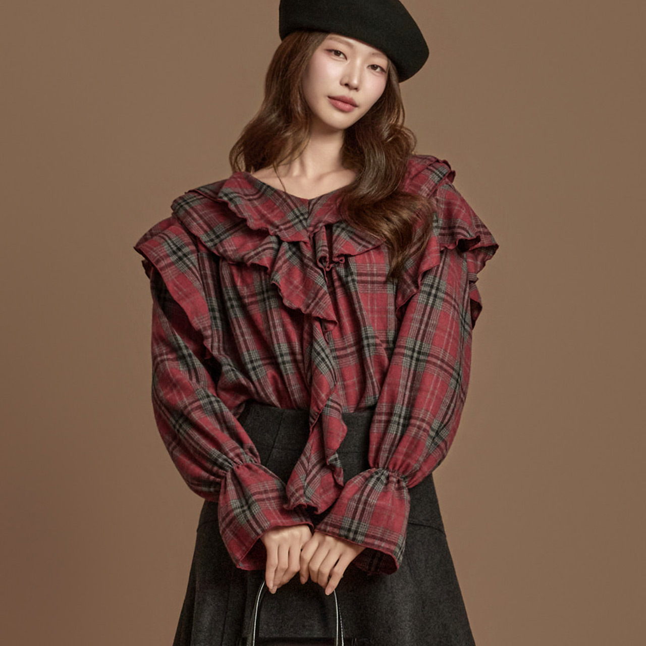 B3153 格子 荷叶边 雪紡衫