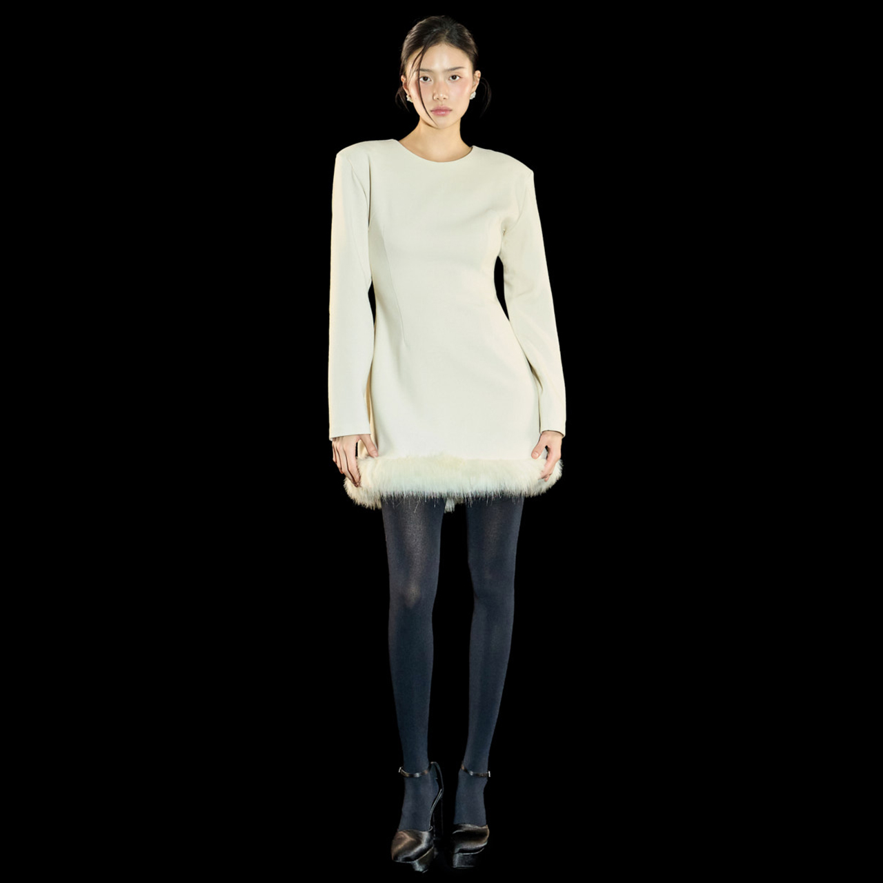 D5437 皮草 开岔 迷你 連衣裙