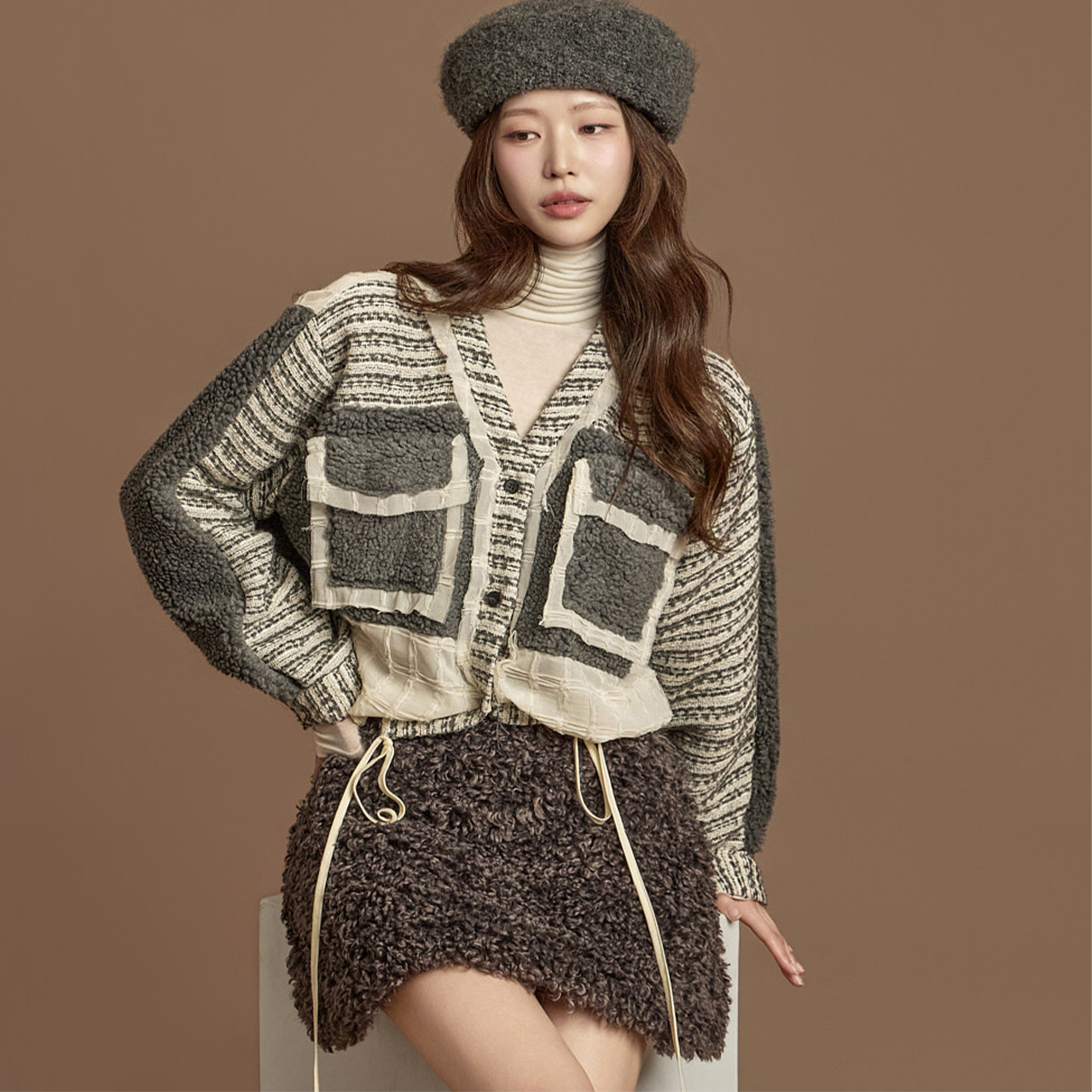 B3152 花呢 混 口袋 雪紡衫