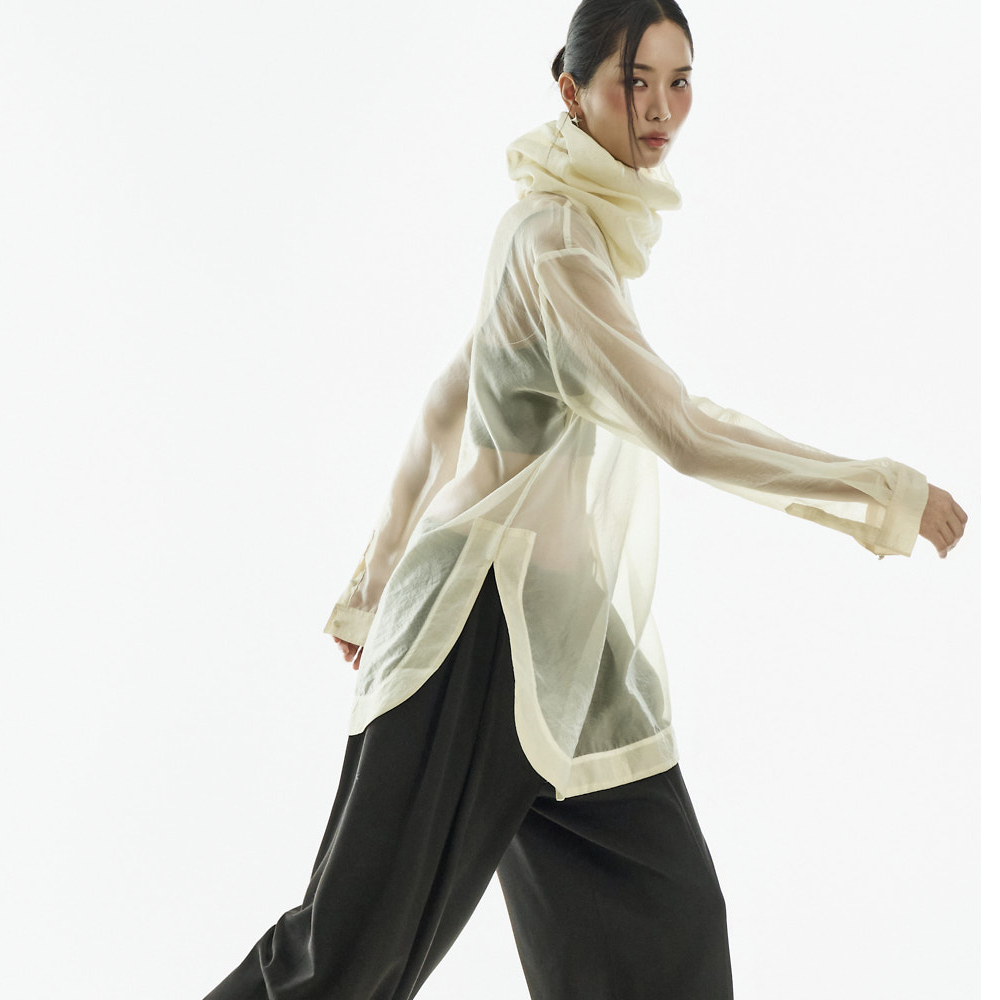 B3159 高领 透視 雪紡衫