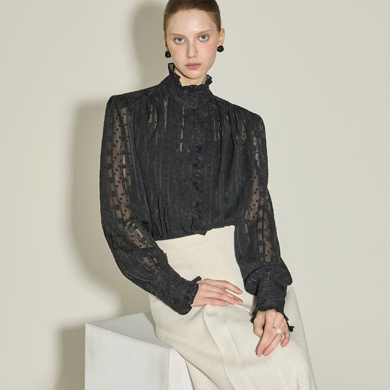 B3161 荷叶边 高领 雪紡衫