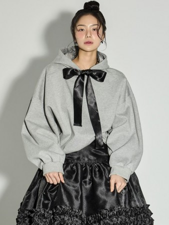 E4092 緞面 绑带 帶帽 上衣 Korea