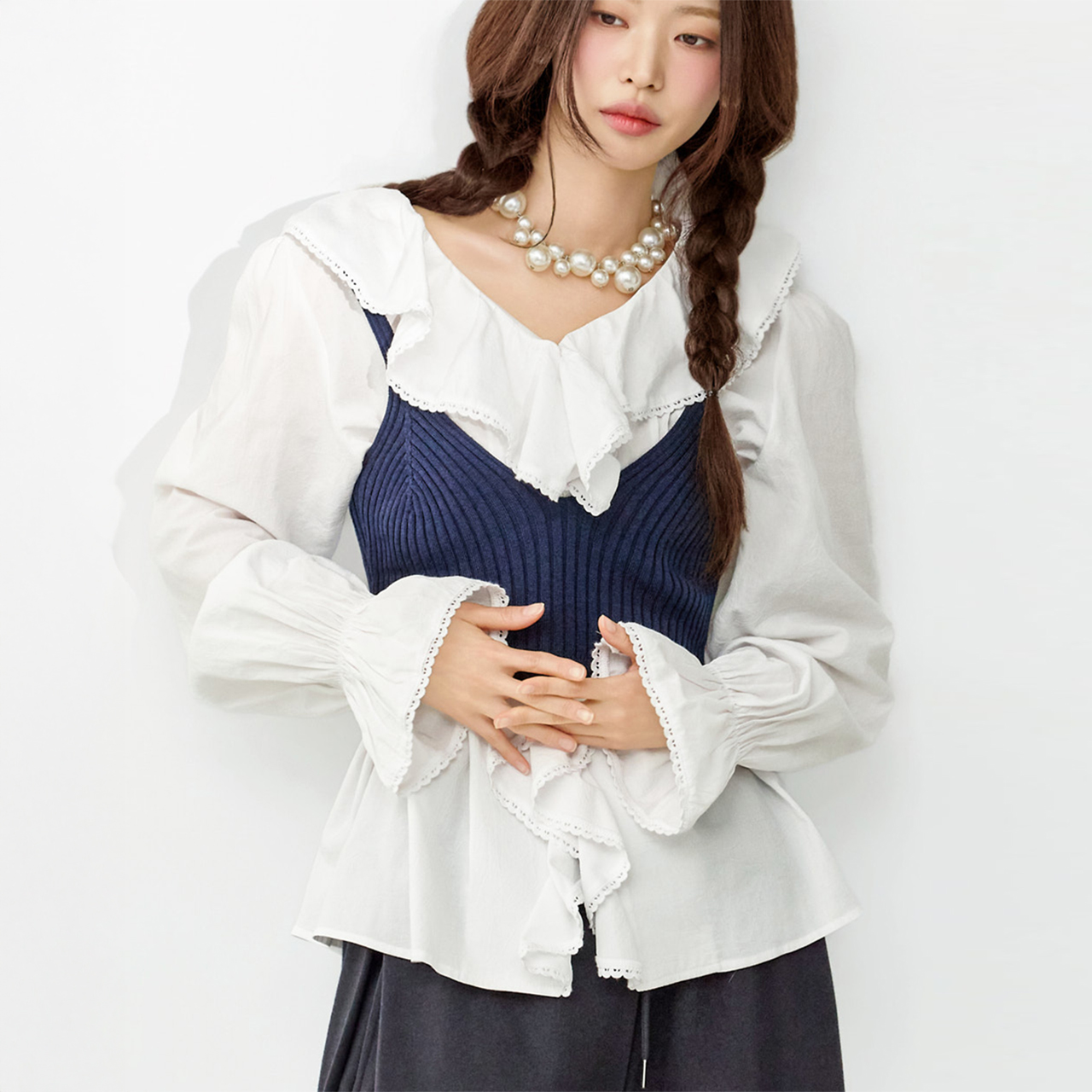 B3166 荷叶边 雪紡衫