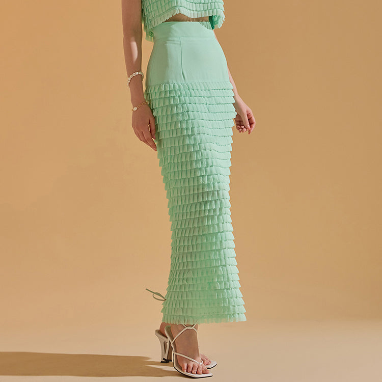 SK9205 Tiered Frill High Waist Long Skirt