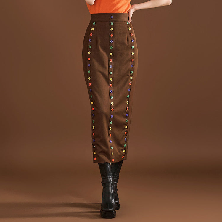 SK9227  Color Button High Waist Long Skirt