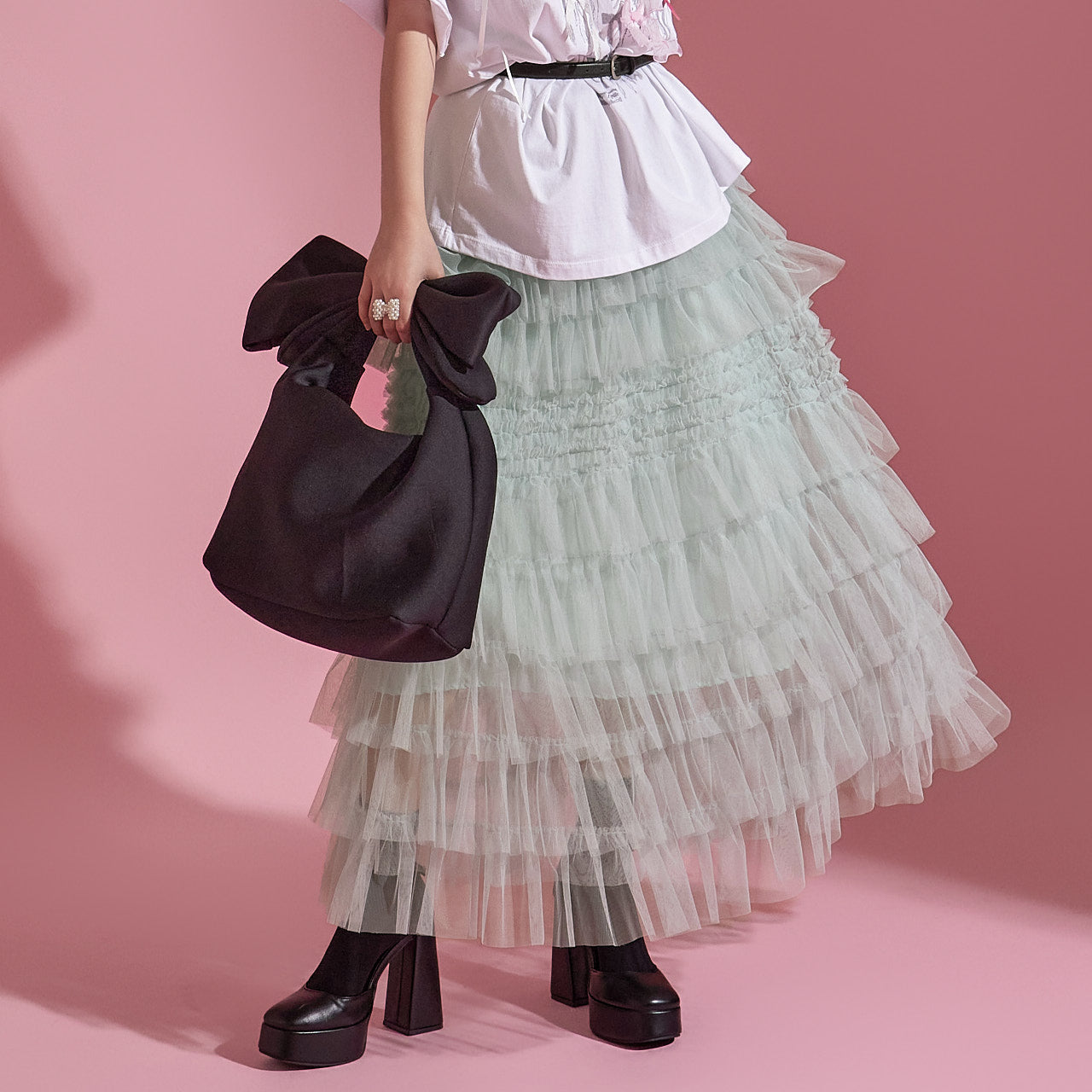 SK2637 Tulle Tiered Elastic Waist Long Skirt