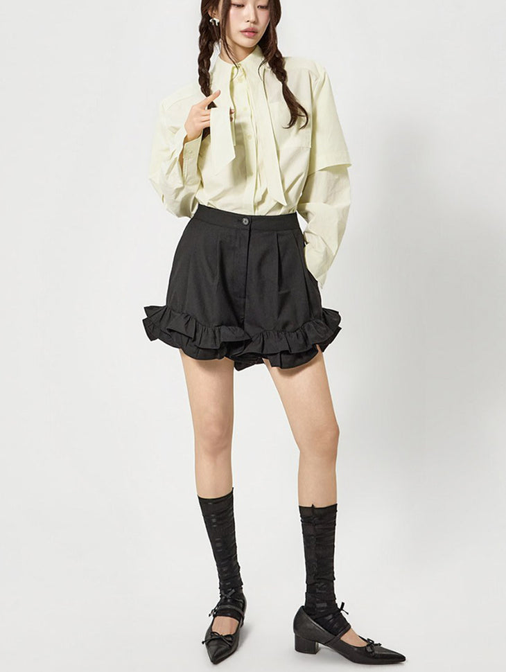 P3777 Pintuck Frill Shorts