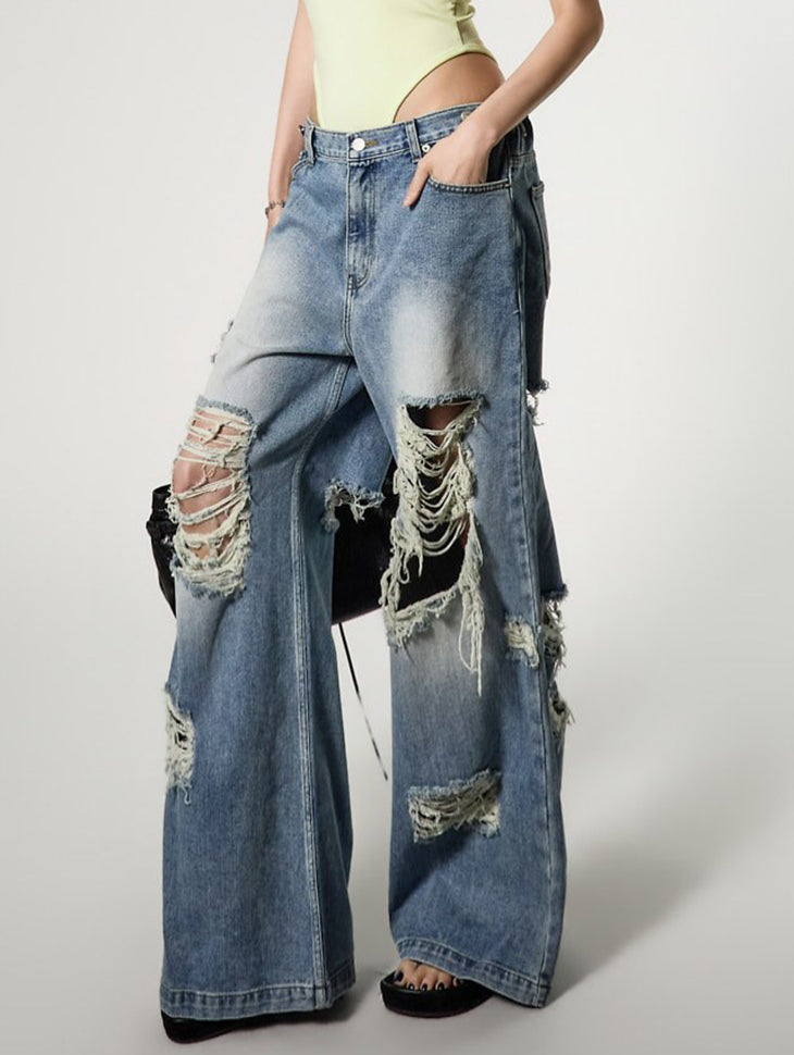 PJ645 Distressed Wide Jeans