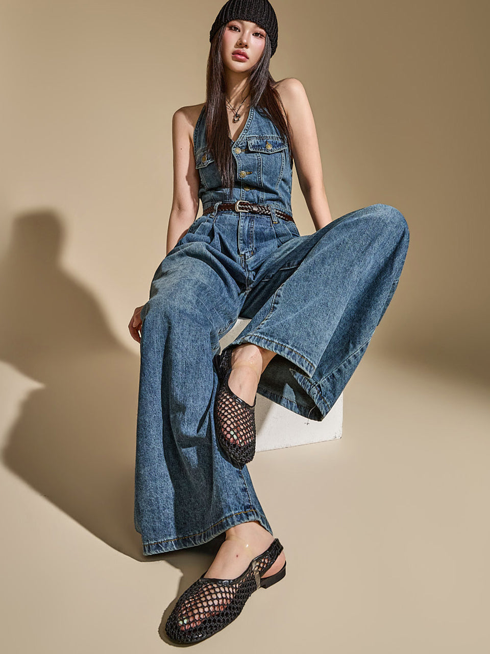JS067 Denim Halter Neck Jumpsuit