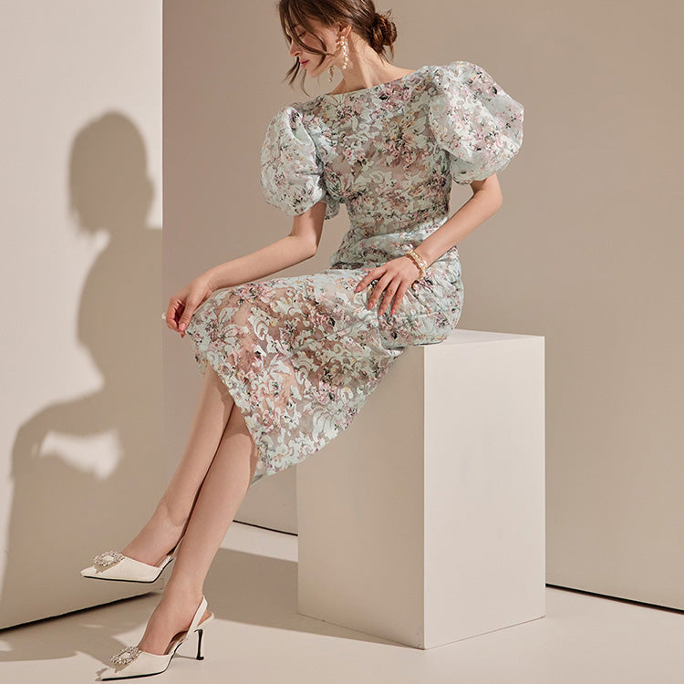D9082 Floral Puff Slim Midi Dress