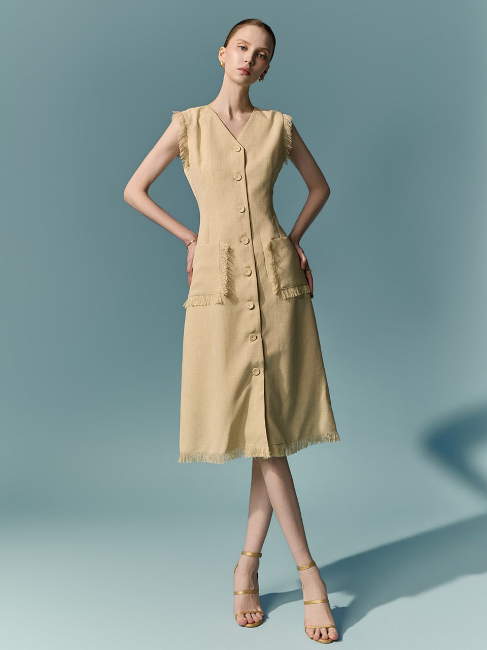 D5670 Fringe Button Dress