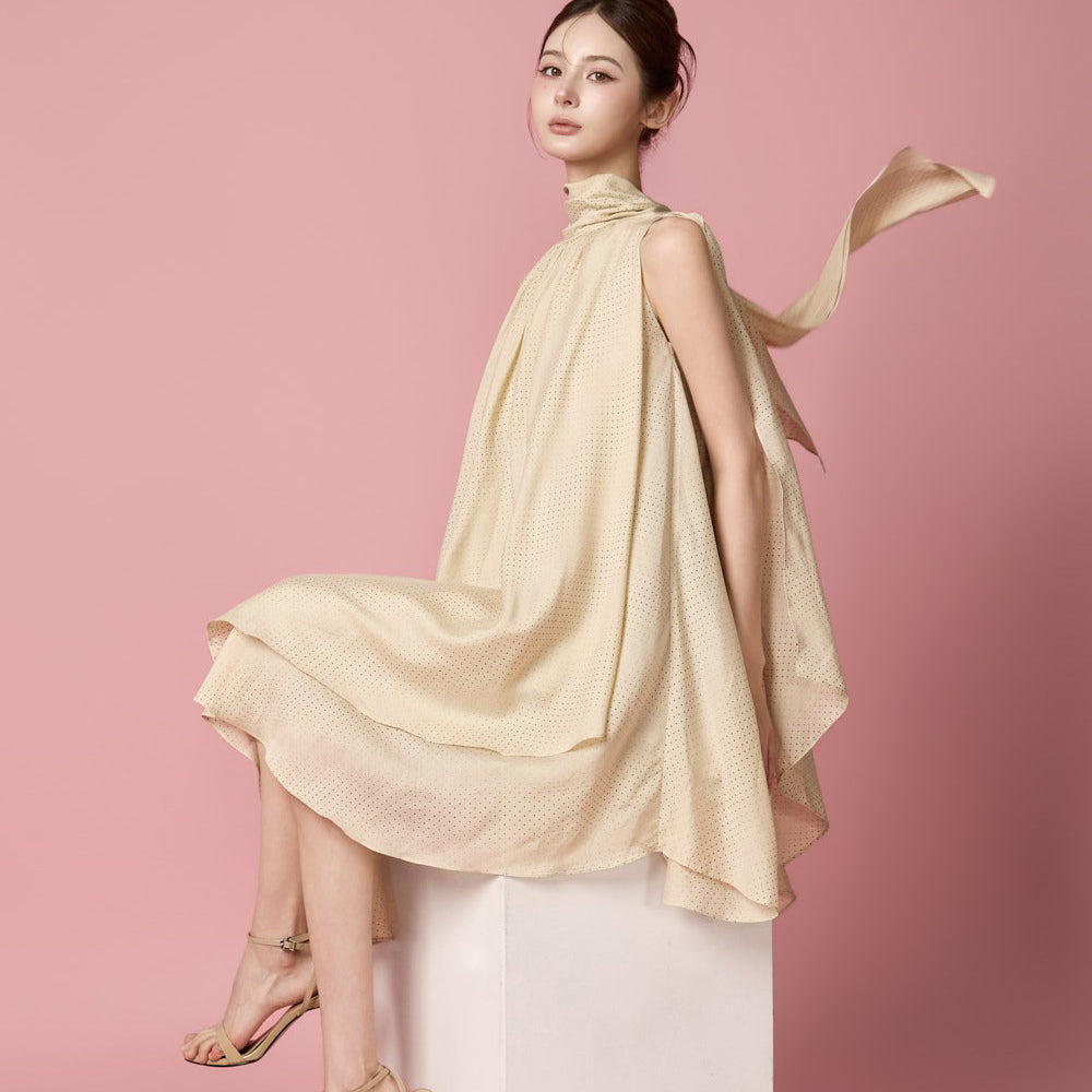 D5673 Dot Drape Asymmetrical Dress