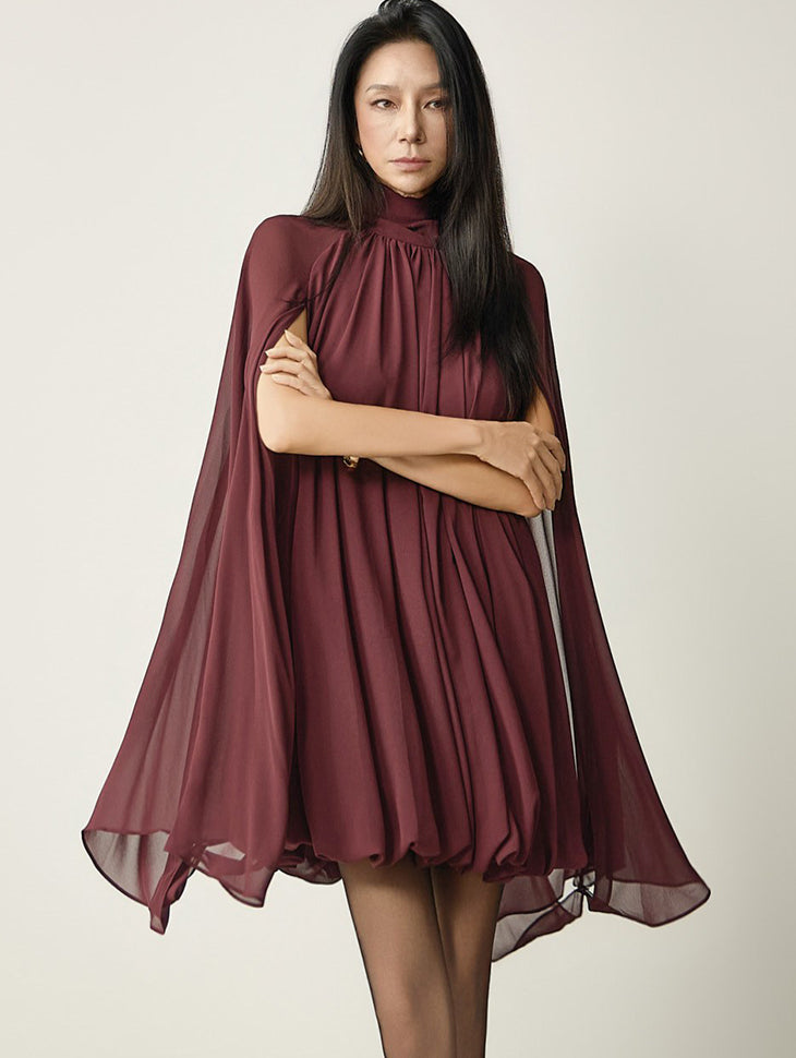 D9634 High-Neck Shirred Balloon Dress