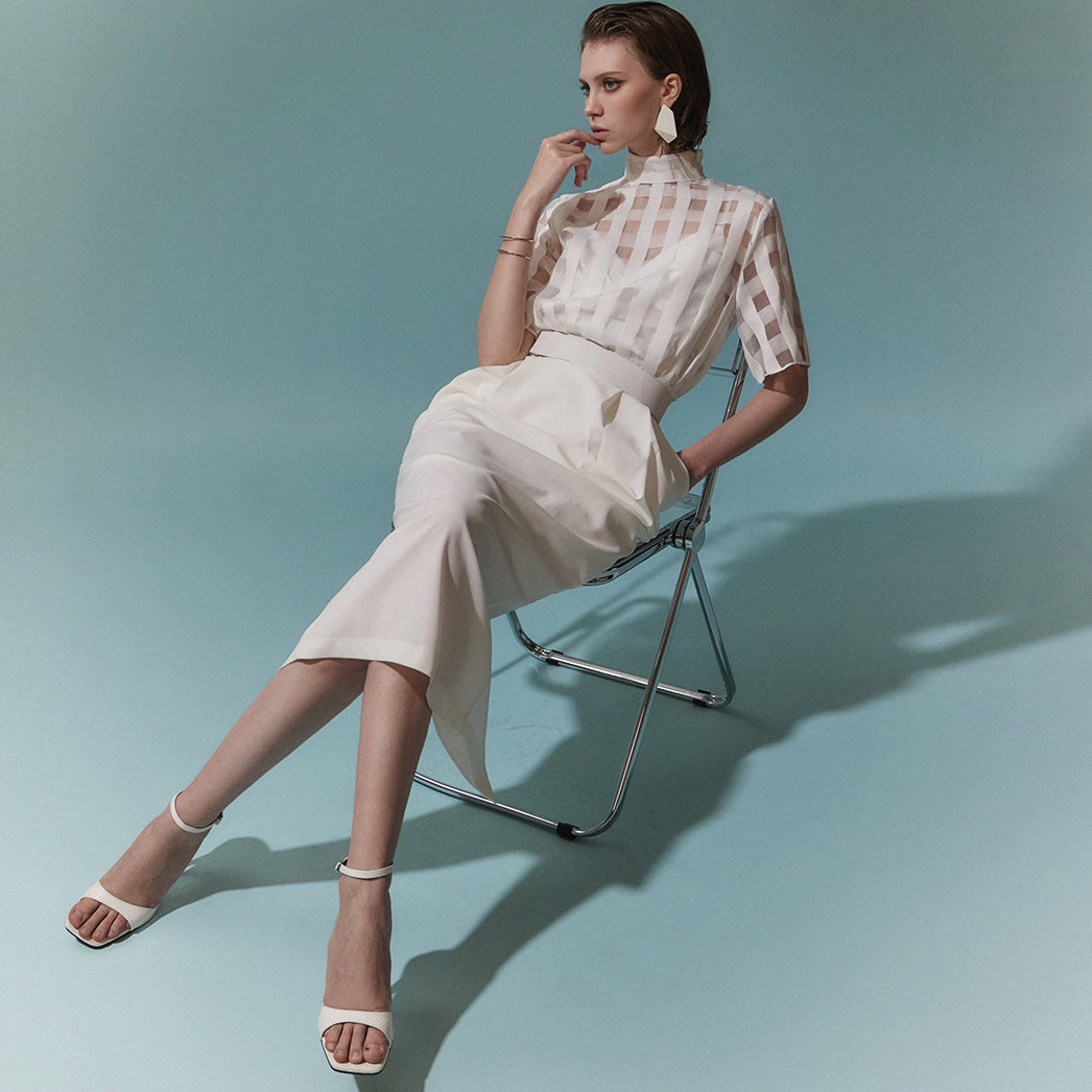 D9183 Square See-through Color Scheme Midi Dress(Belt set)