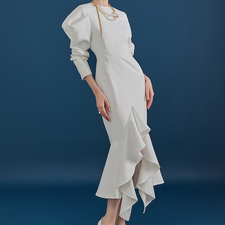 D9285 Puff Sleeve Slim Ruffle Point Unbalance Dress