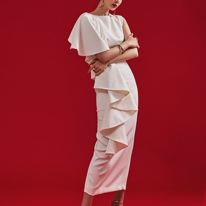 D9413 Sleeveless One Shoulder Frill Midi Dress