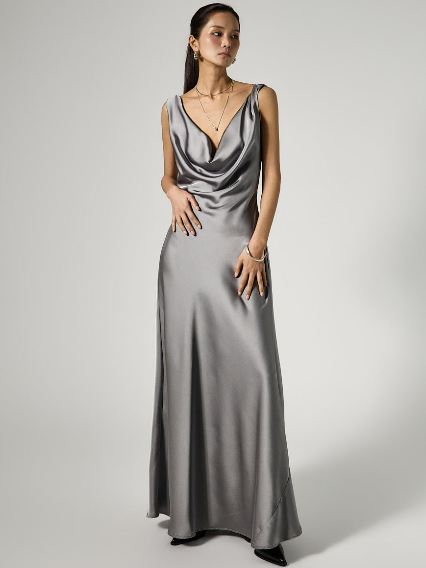 D5467 Cowl Neck Satin Dress