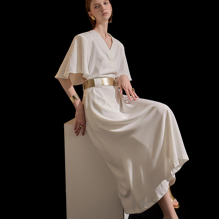 D9376 V-neck Frill Pad Long Dress(Belt set)