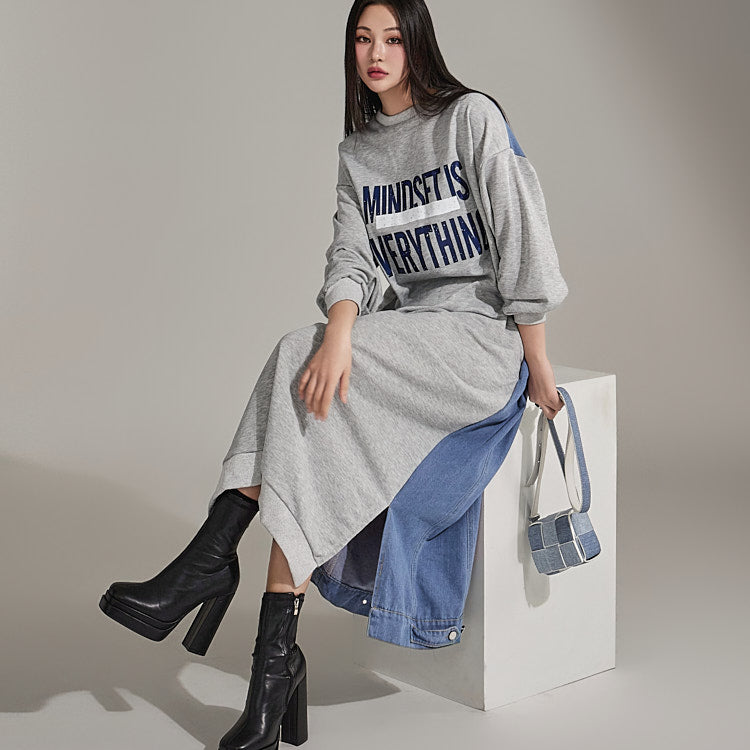 D4904 Lettering Back Denim Long Dress
