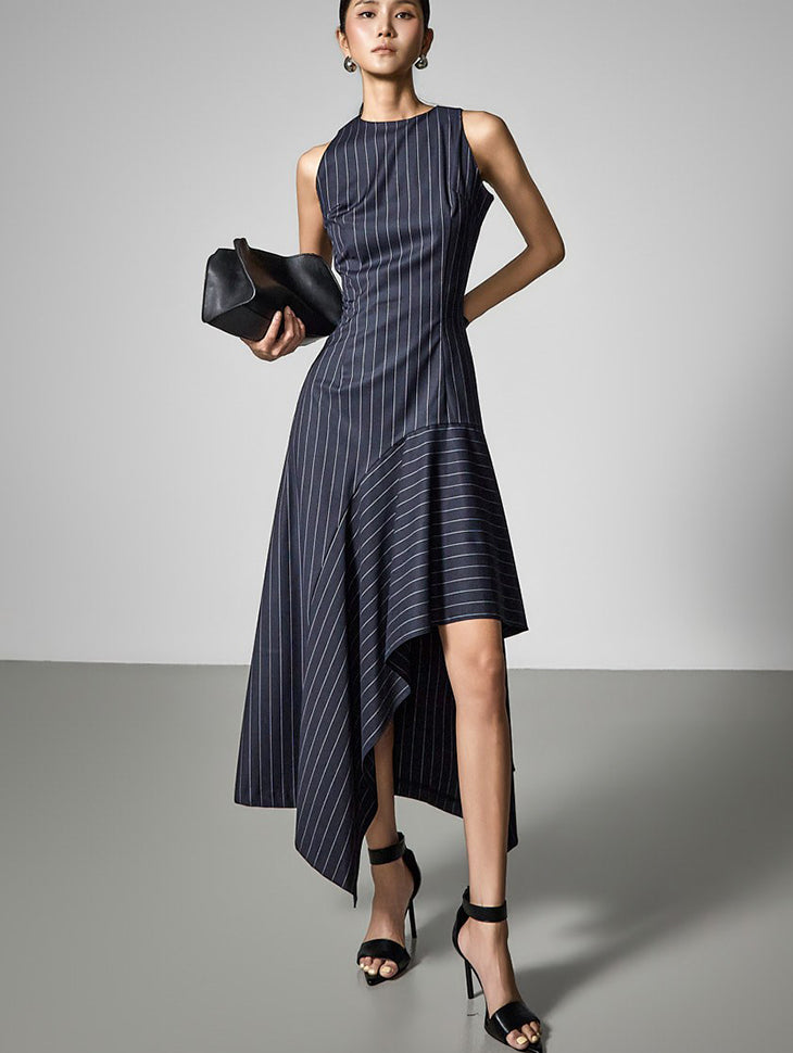 D9612 Striped Asymmetrical Flare Dress