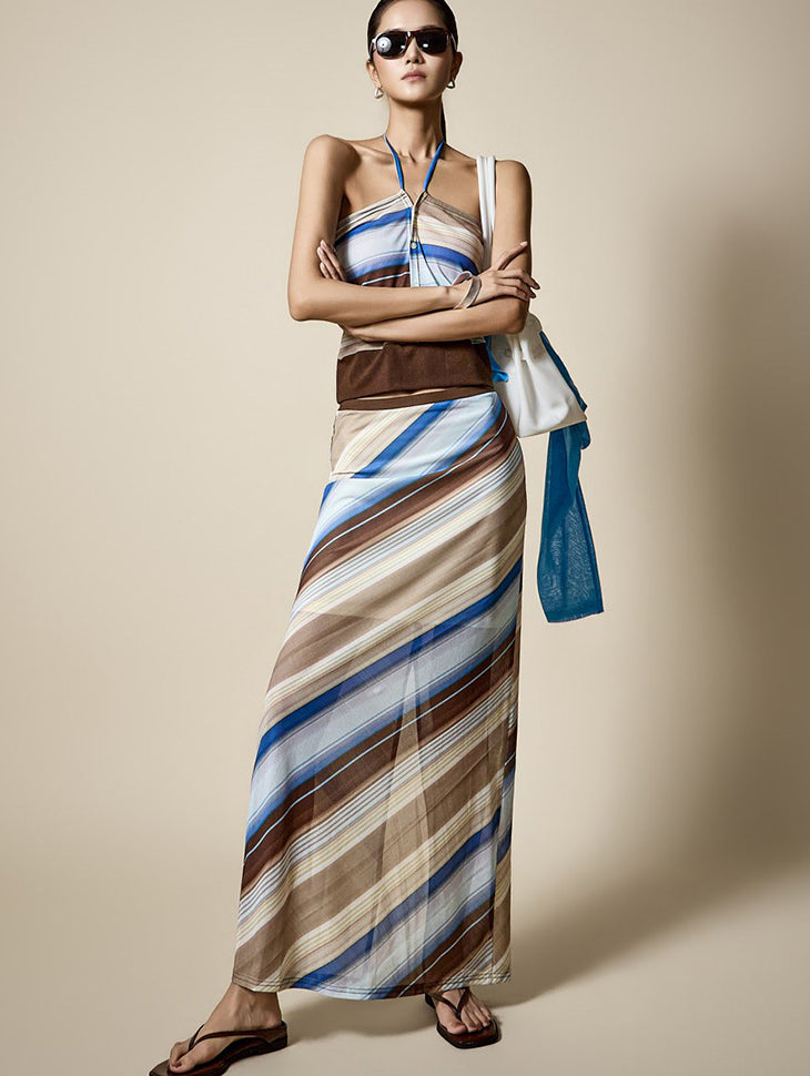 D5582 Striped Halter Two-Piece