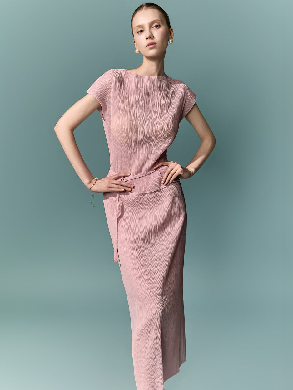D5644 Belted Pleated Two-Piece Set