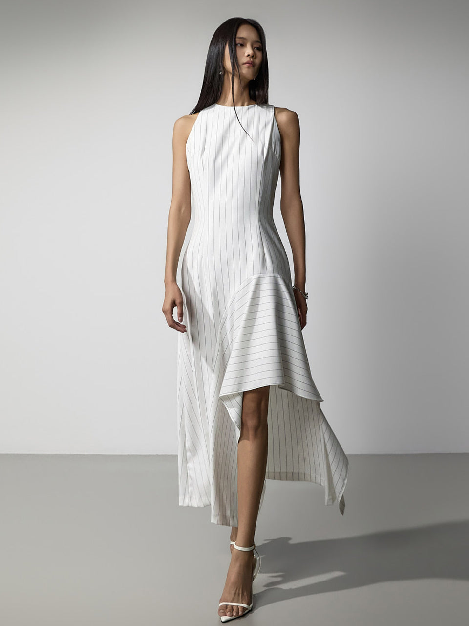 D9612 Striped Asymmetrical Flare Dress
