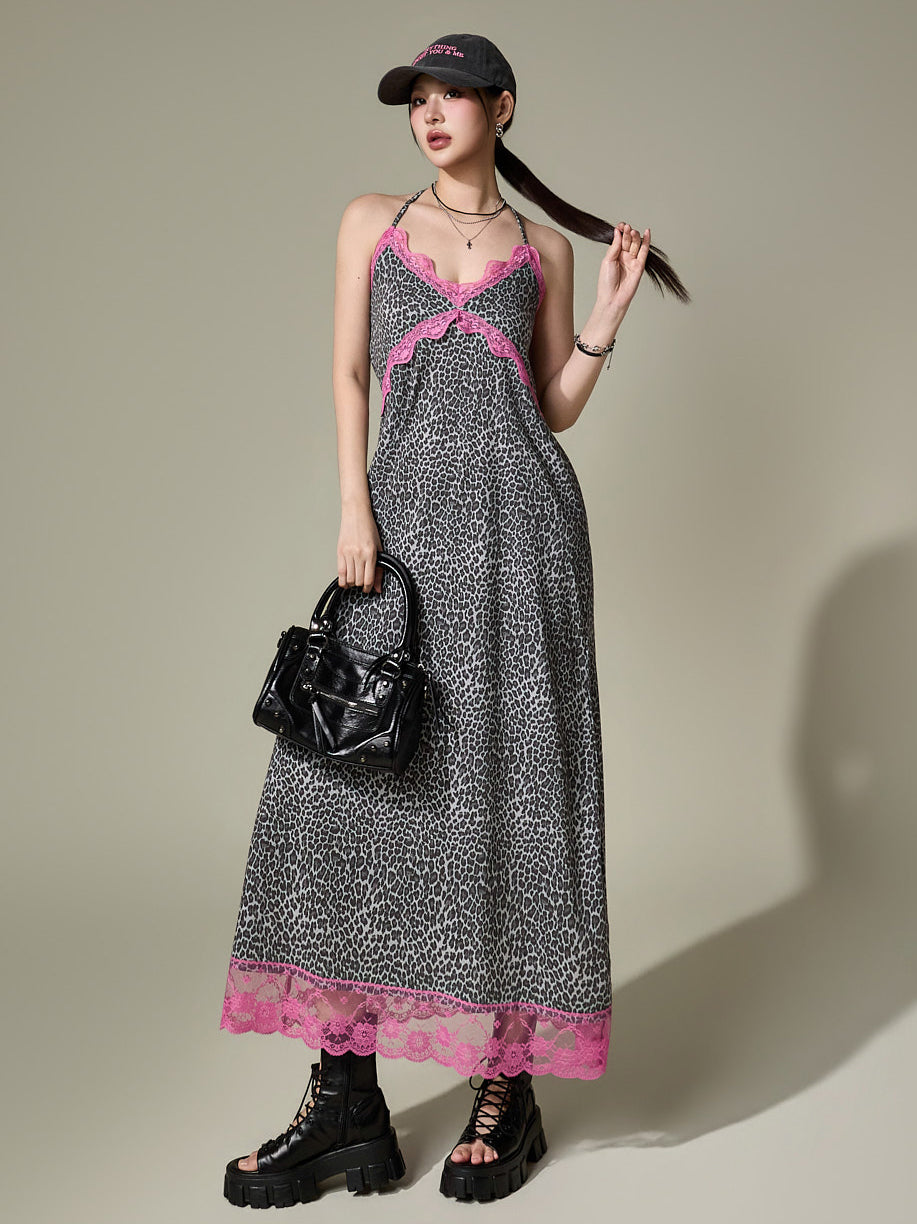 D5664 Lace Contrast Leopard Dress