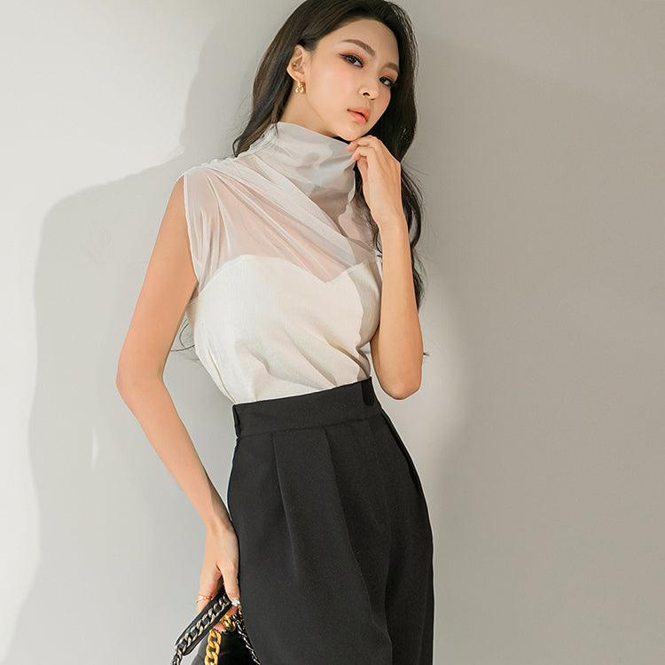 E2795 High neck Sheer Sleeveless Top