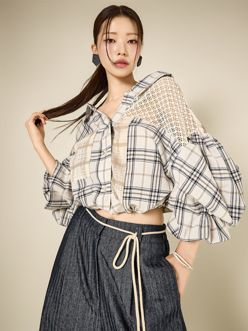 S894 蕾丝格子衬衫