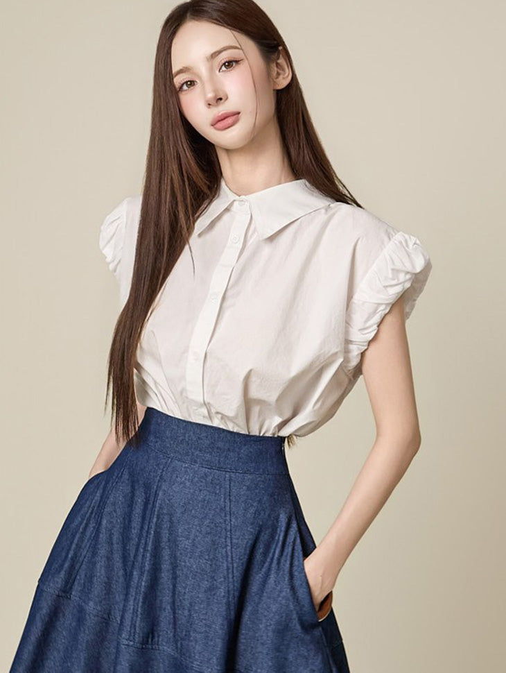 B3219 Linen Frill Shoulder Blouse