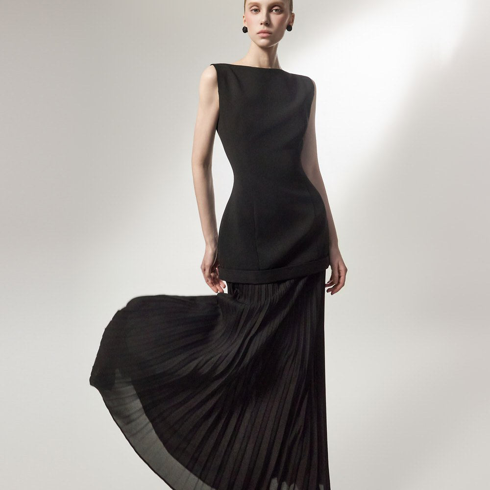 D9602 Slim Pleated Combo Dress