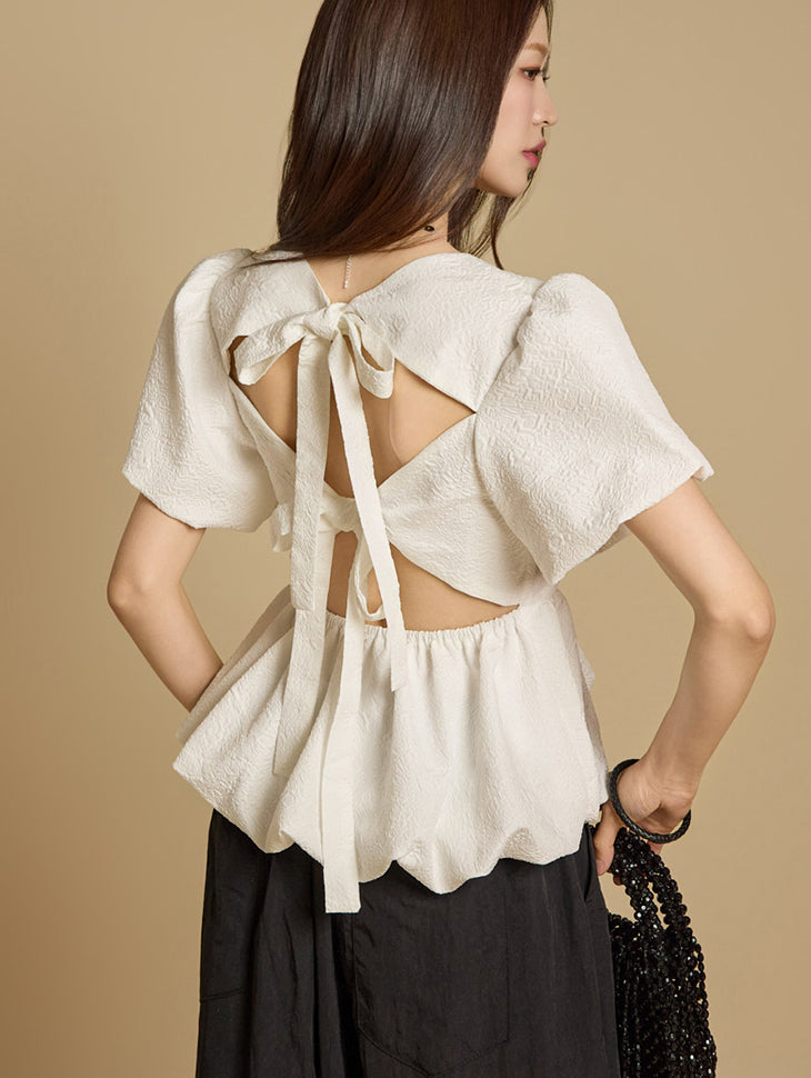 B3082 Back Ribbon Puffed Sleeves Blouse