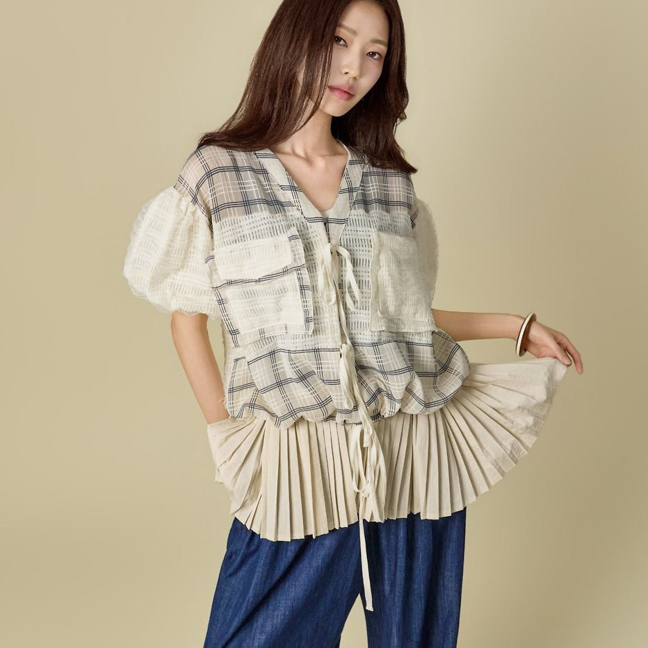 B3191 Check Contrast Layered Blouse