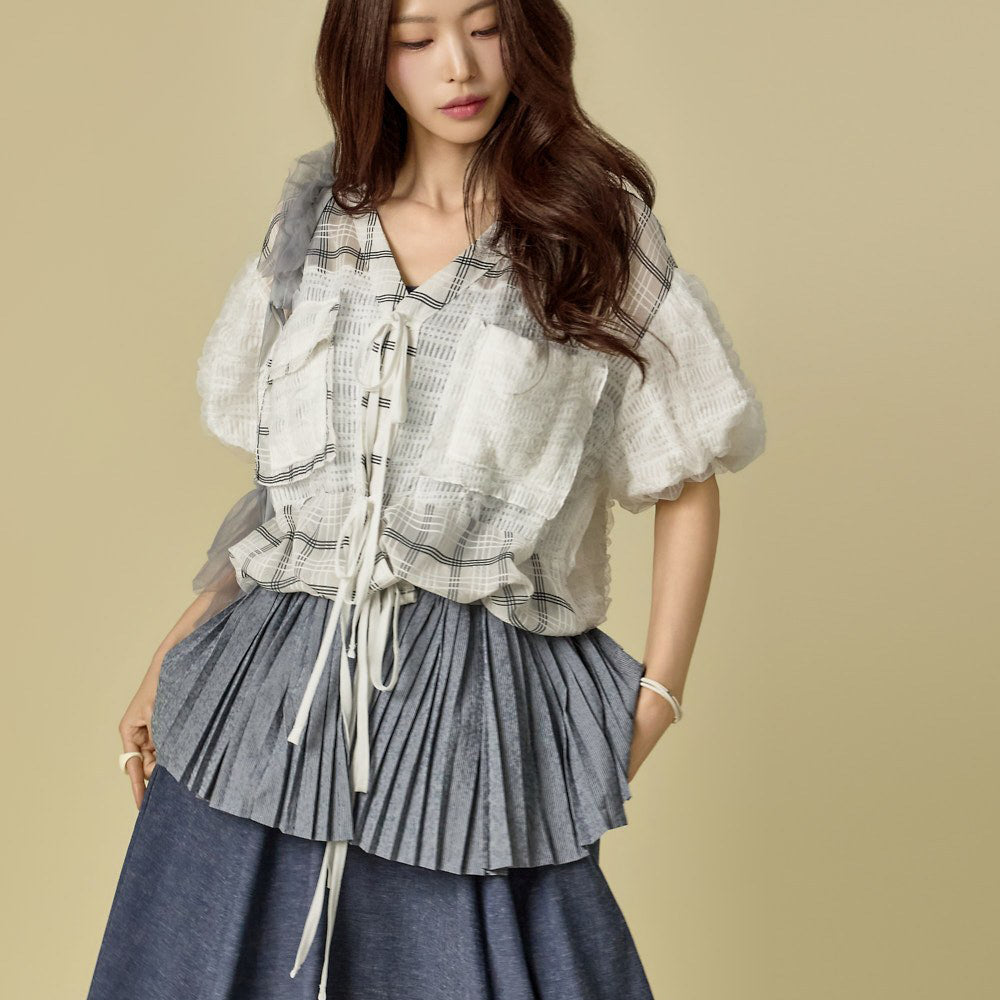 B3191 Check Contrast Layered Blouse