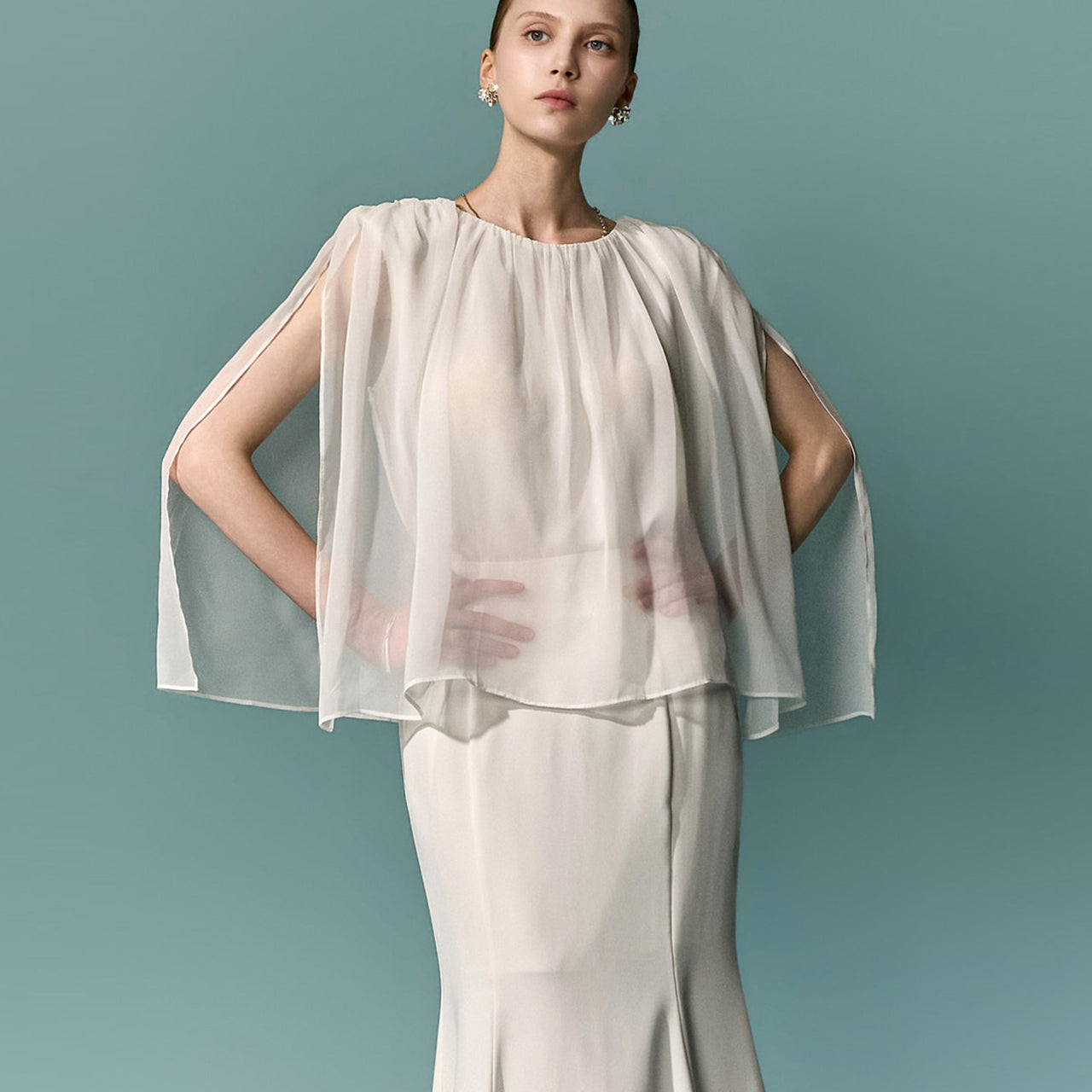 B3227 Chiffon Cape Blouse